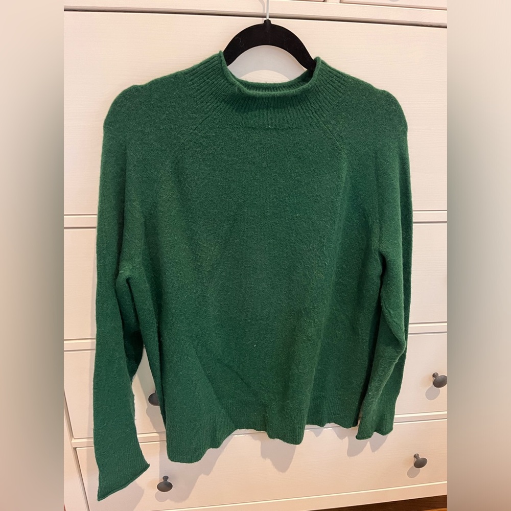Green roll neck JCrew sweater.  Hunter green